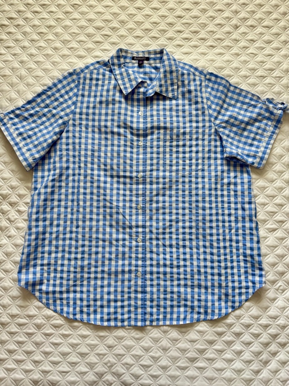 Roaman's Blue White Gingham Check Button-Down Tie Short Sleeve Shirt Size 18W - Picture 3 of 15